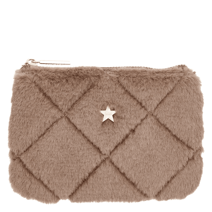 DARK Faux Fur Quilted Mini Pouch Warm Taupe