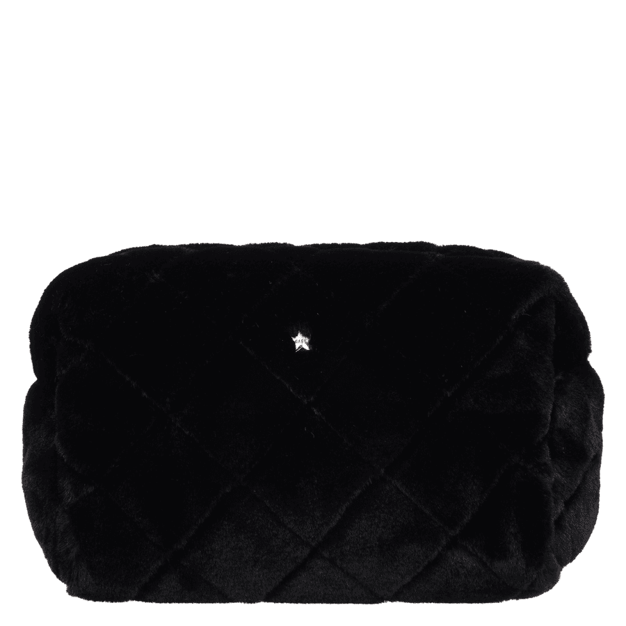 DARK Faux Fur Quilted Make-Up Pouch Large Black