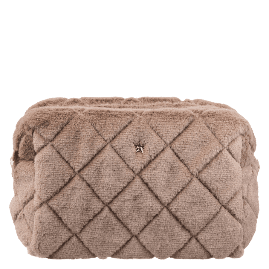 DARK Faux Fur Quilted Make-Up Pouch Large Warm Taupe