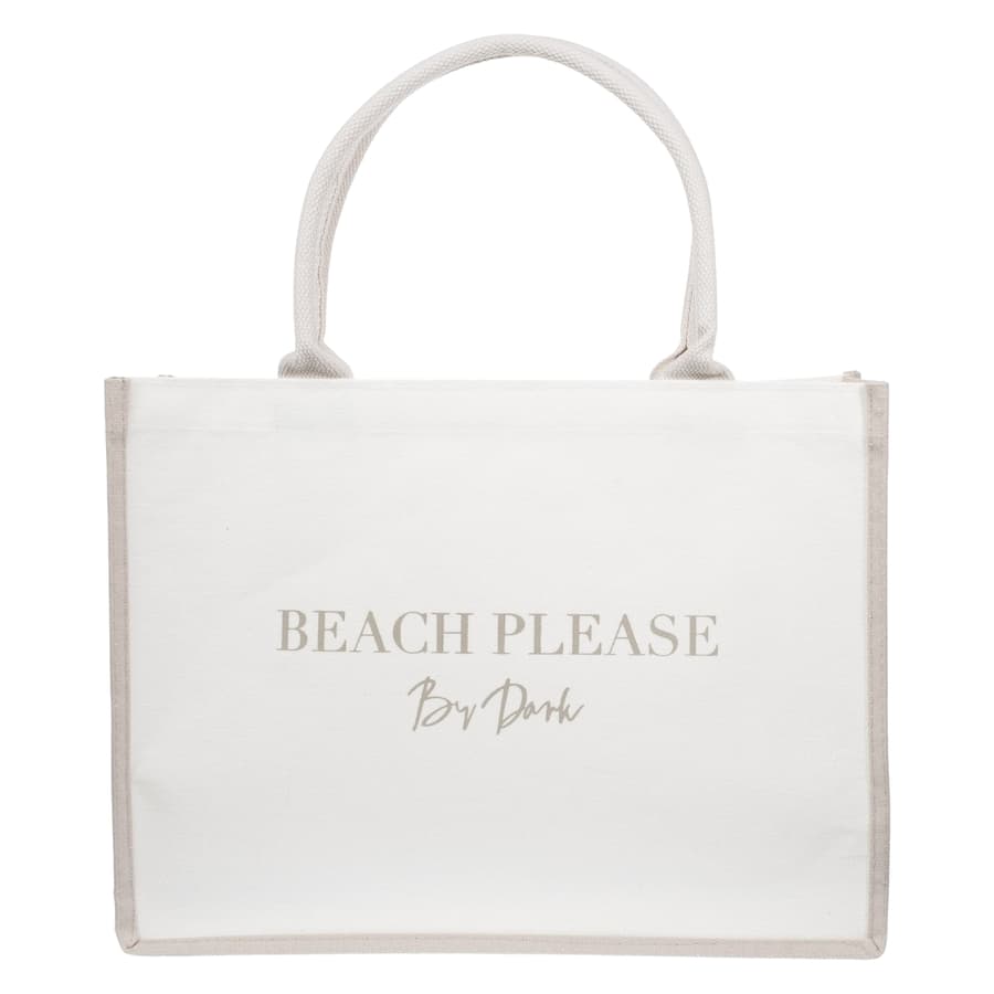 Canvas Tote Medium ""Beach Please"" ─ Off White With Sand