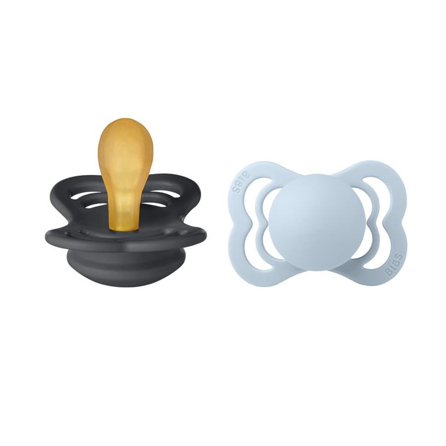 BIBS Pacifier Supreme Latex Size 1 2 kpl – Iron/Baby Blue