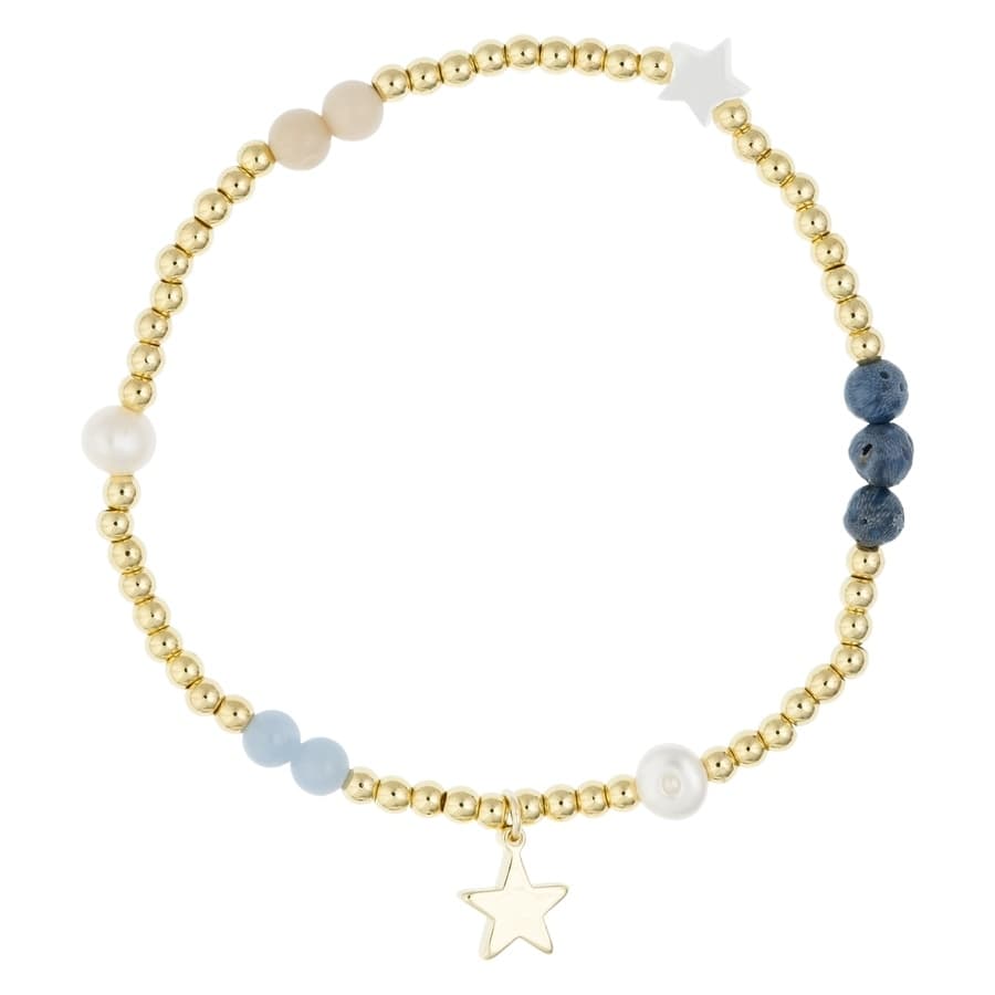 DARK Metal Bead Bracelet With Stone Beads & Pearls ─ Blue & Sand