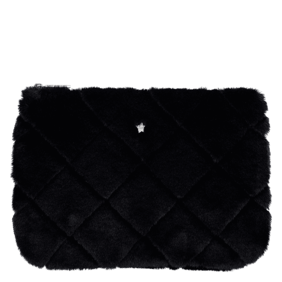 DARK Faux Fur Quilted Small Pouch Black