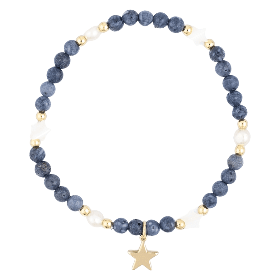 DARK Stone Bead Bracelet With Mop Star & Pearls Steel Blue