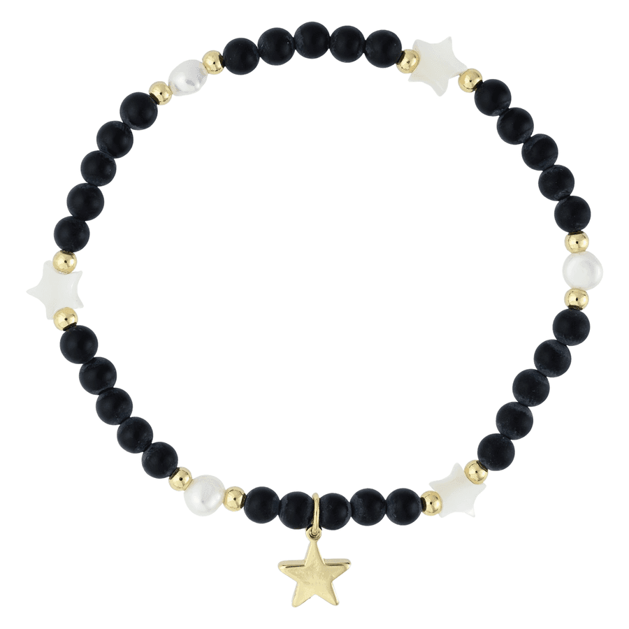 DARK Stone Bead Bracelet With Mop Star & Pearls Matte Black