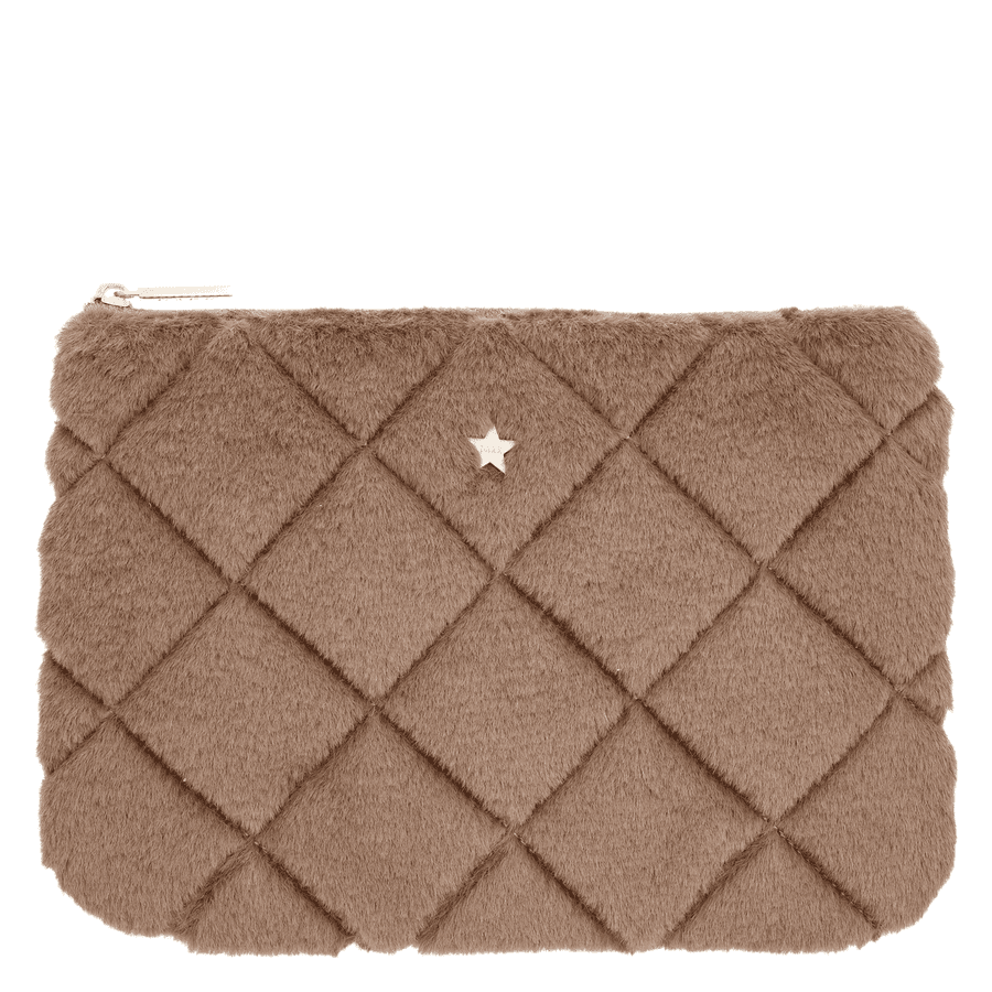 DARK Faux Fur Quilted Small Pouch Warm Taupe